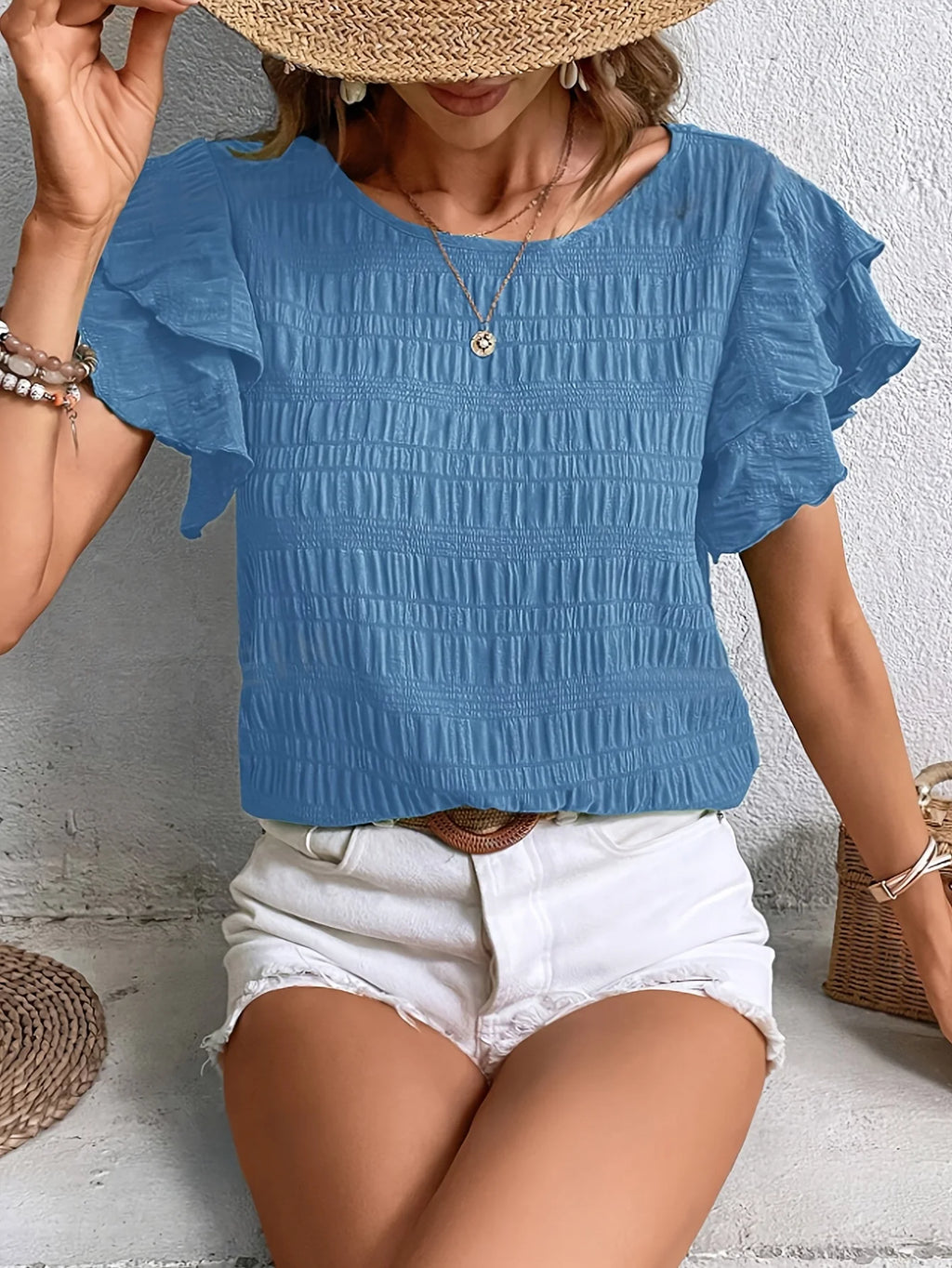 SAIDE™ | S81 BLOUSE - SUMMER ELEGANT SOLID BUTTERFLY SLEEVE O-NECK TOP