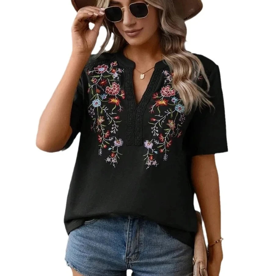 SAIDE™ | S27 BLOUSE - FLORAL LACE PATCHWORK SHORT SLEEVE BLOUSE