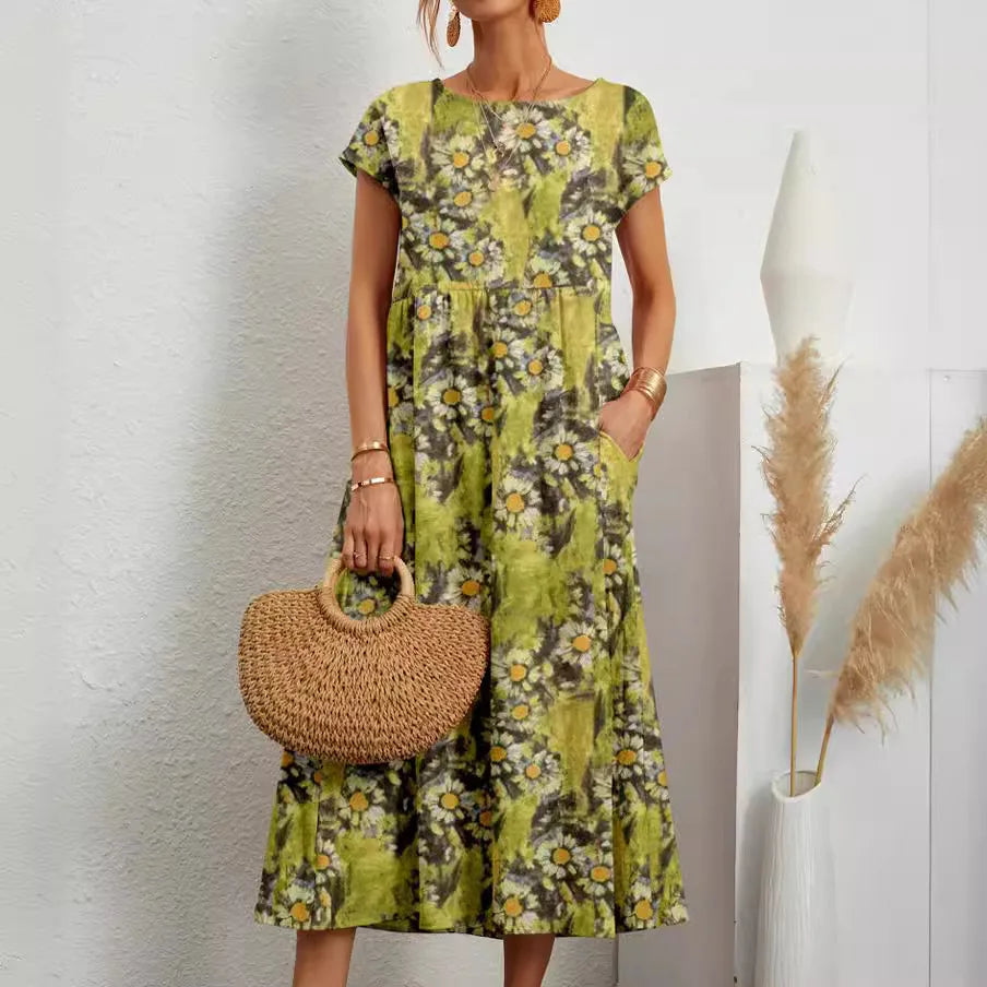 SAIDE™ | S40 DRESS - COTTON LINEN SHORT SLEEVE MAXI DRESS