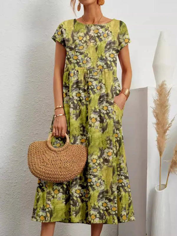 SAIDE™ | S40 DRESS - COTTON LINEN SHORT SLEEVE MAXI DRESS