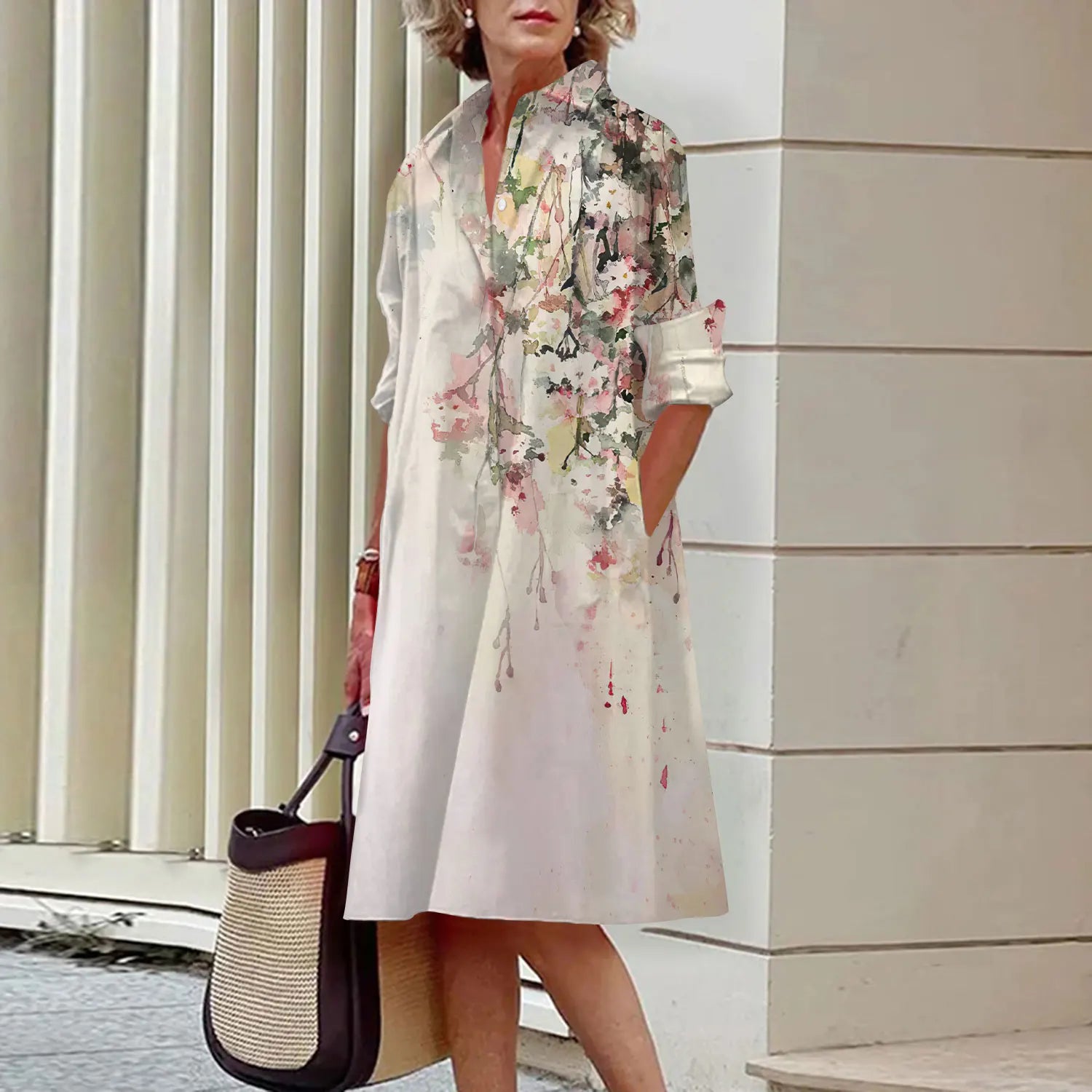 SAIDE™ | S144 DRESS - FLORAL PRINT LONG SLEEVE SHIRT DRESS