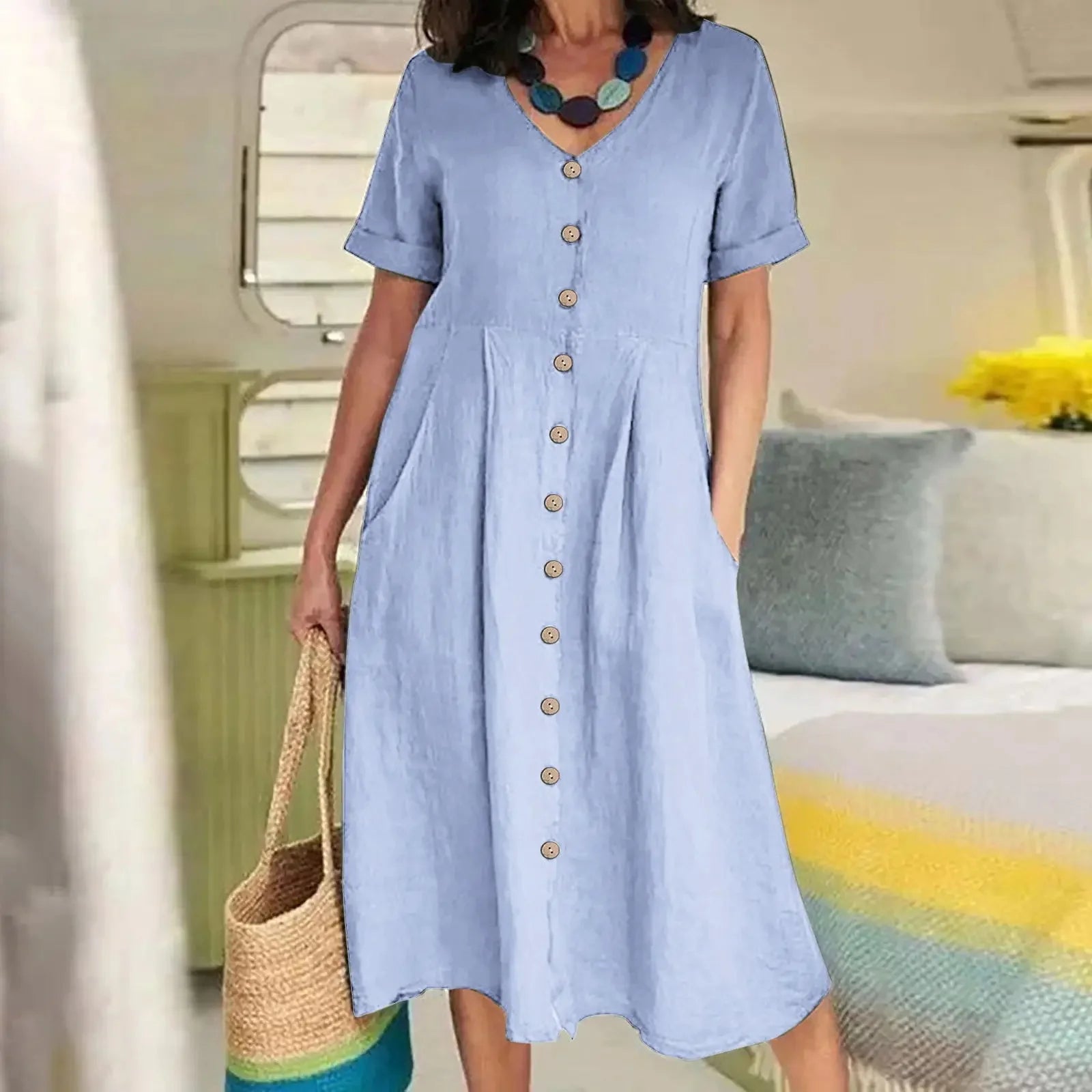 SAIDE™ | S136 DRESS - BUTTON FRONT COTTON LINEN DRESS