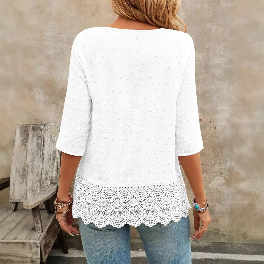 SAIDE™ | S52 TOP - EMBROIDERED HOLLOW OUT TRIM SHORT SLEEVE T-SHIRT