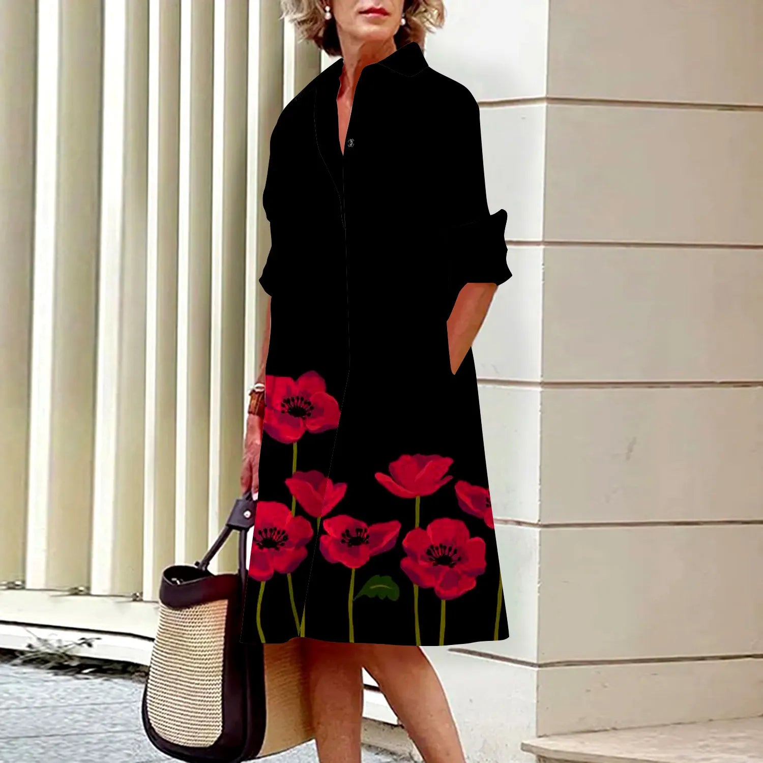 SAIDE™ | S144 DRESS - FLORAL PRINT LONG SLEEVE SHIRT DRESS