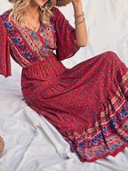SAIDE™ | S192 DRESS - BOHO PRINT SHORT SLEEVE V-NECK MAXI DRESS