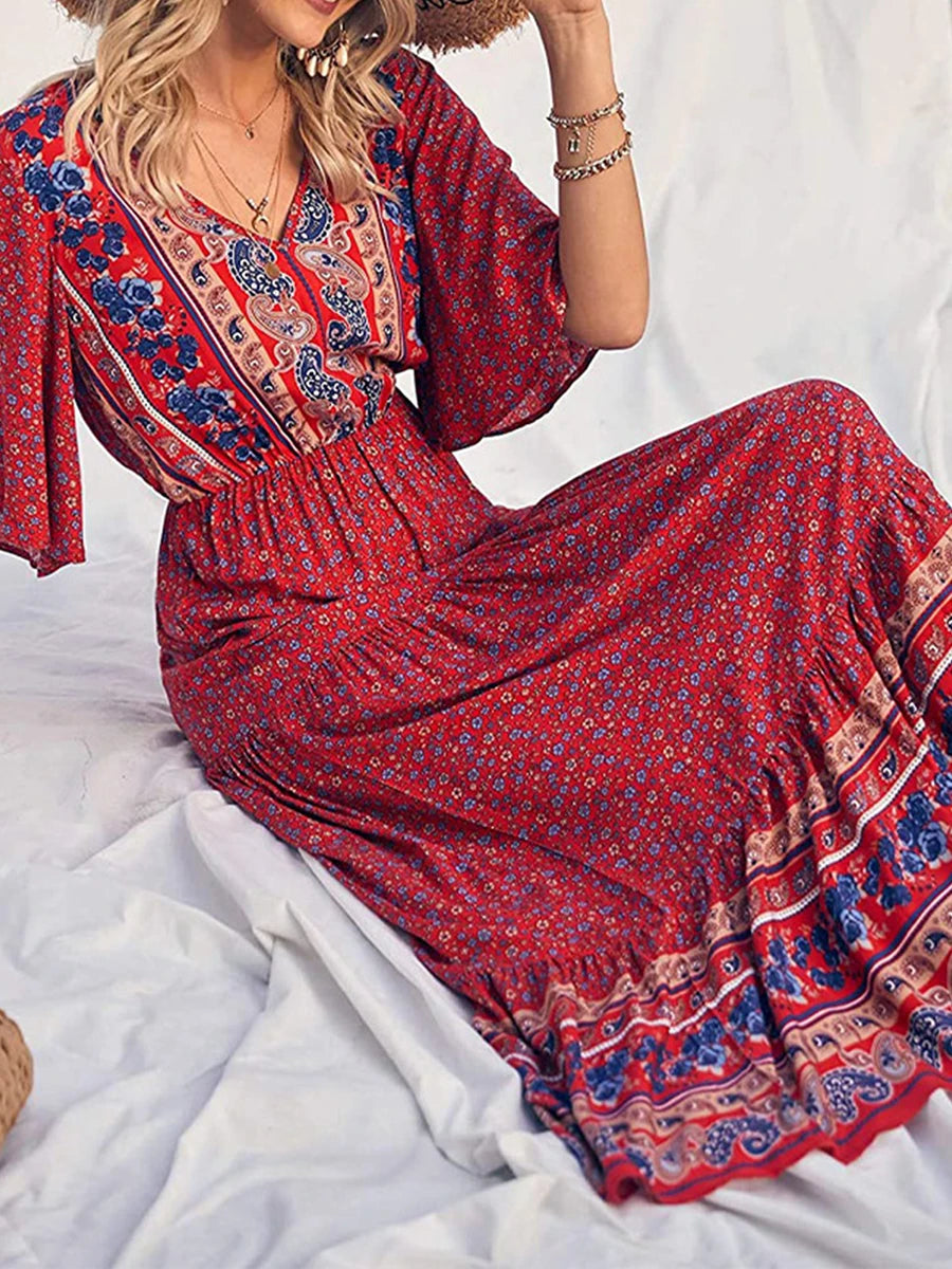 SAIDE™ | S192 DRESS - BOHO PRINT SHORT SLEEVE V-NECK MAXI DRESS