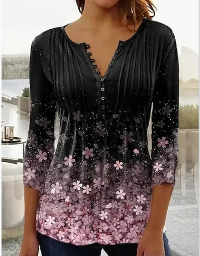 SAIDE™ | S126 BLOUSE - FLORAL PRINT V-NECK CHIFFON BLOUSE