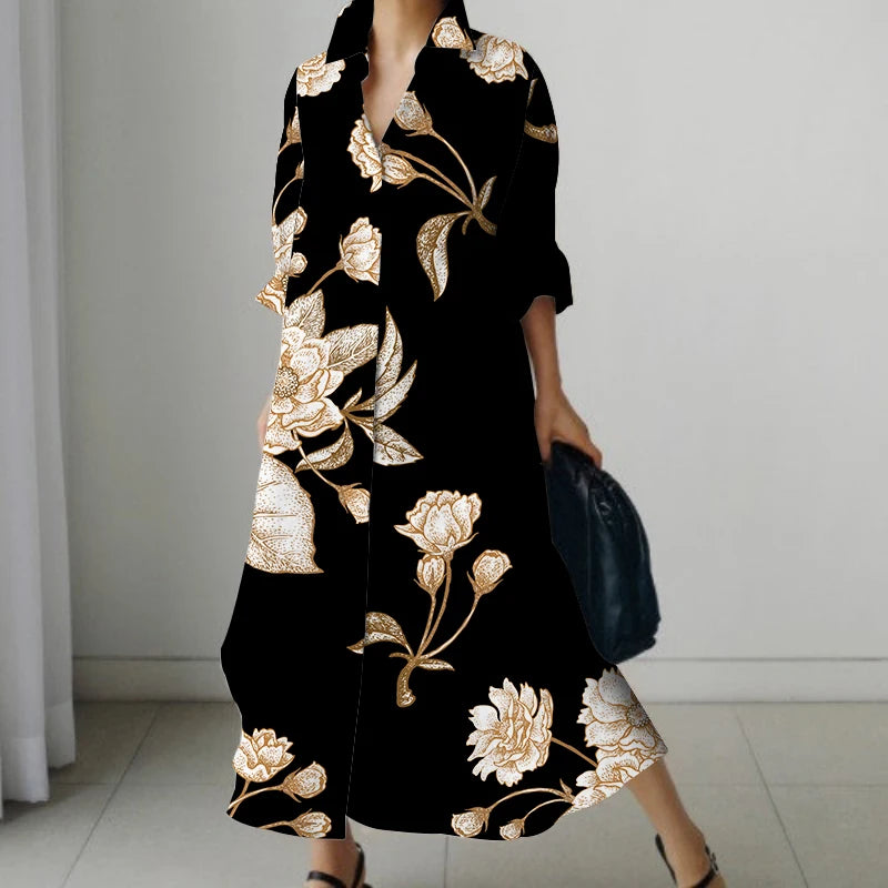 SAIDE™ | S145 DRESS - ELEGANT FLORAL PRINT LONG SLEEVE SHIRT DRESS