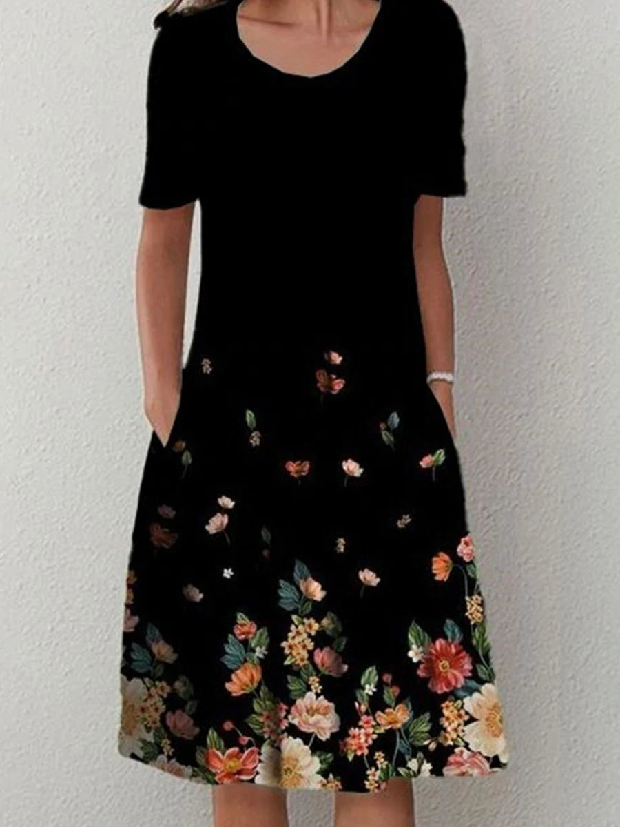 SAIDE™ | S134 DRESS - PRINTED O-NECK MID-CALF CASUAL DRESS