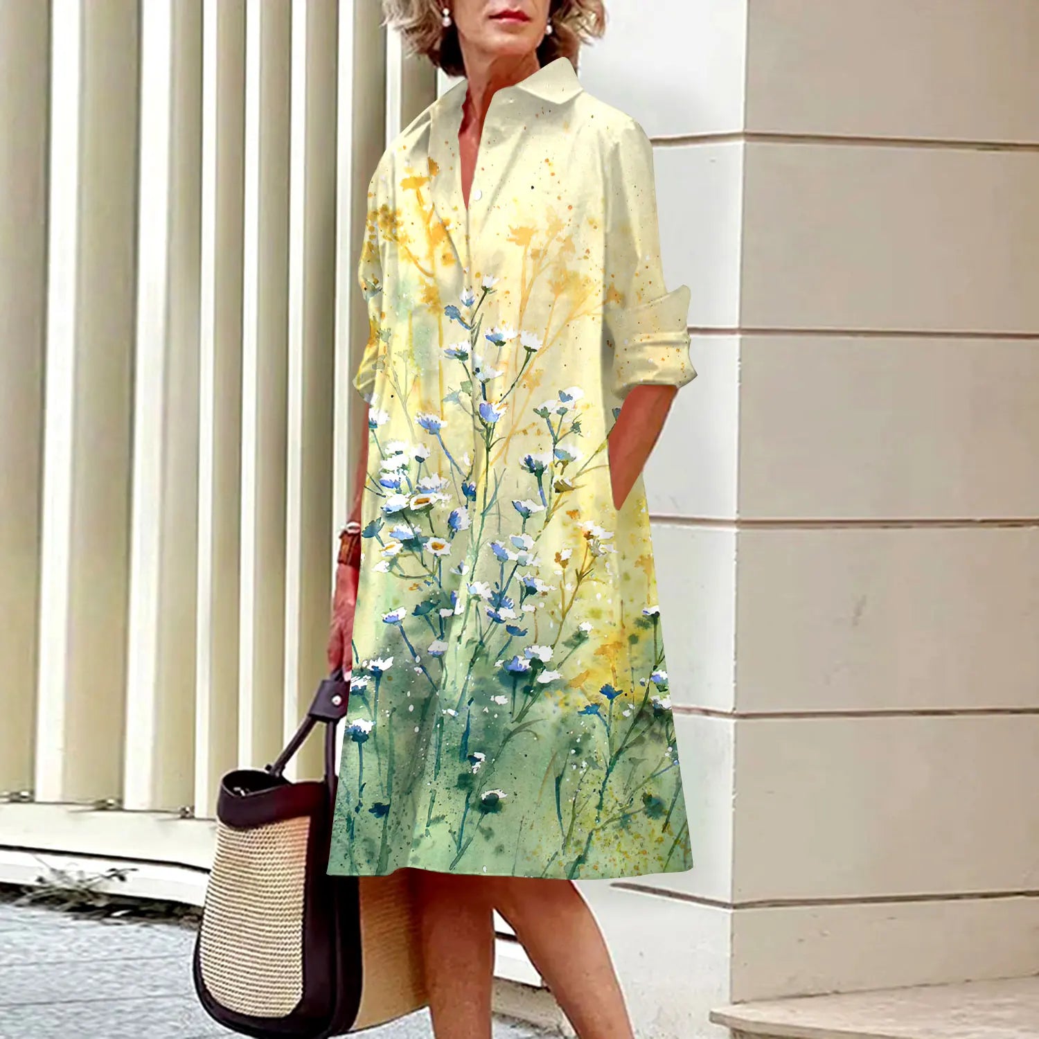 SAIDE™ | S144 DRESS - FLORAL PRINT LONG SLEEVE SHIRT DRESS