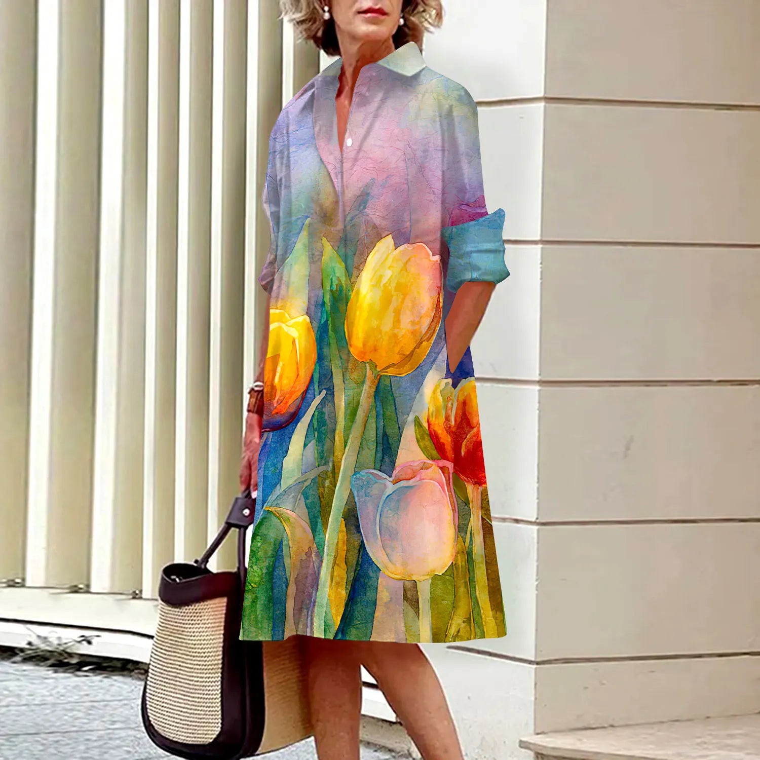 SAIDE™ | S144 DRESS - FLORAL PRINT LONG SLEEVE SHIRT DRESS