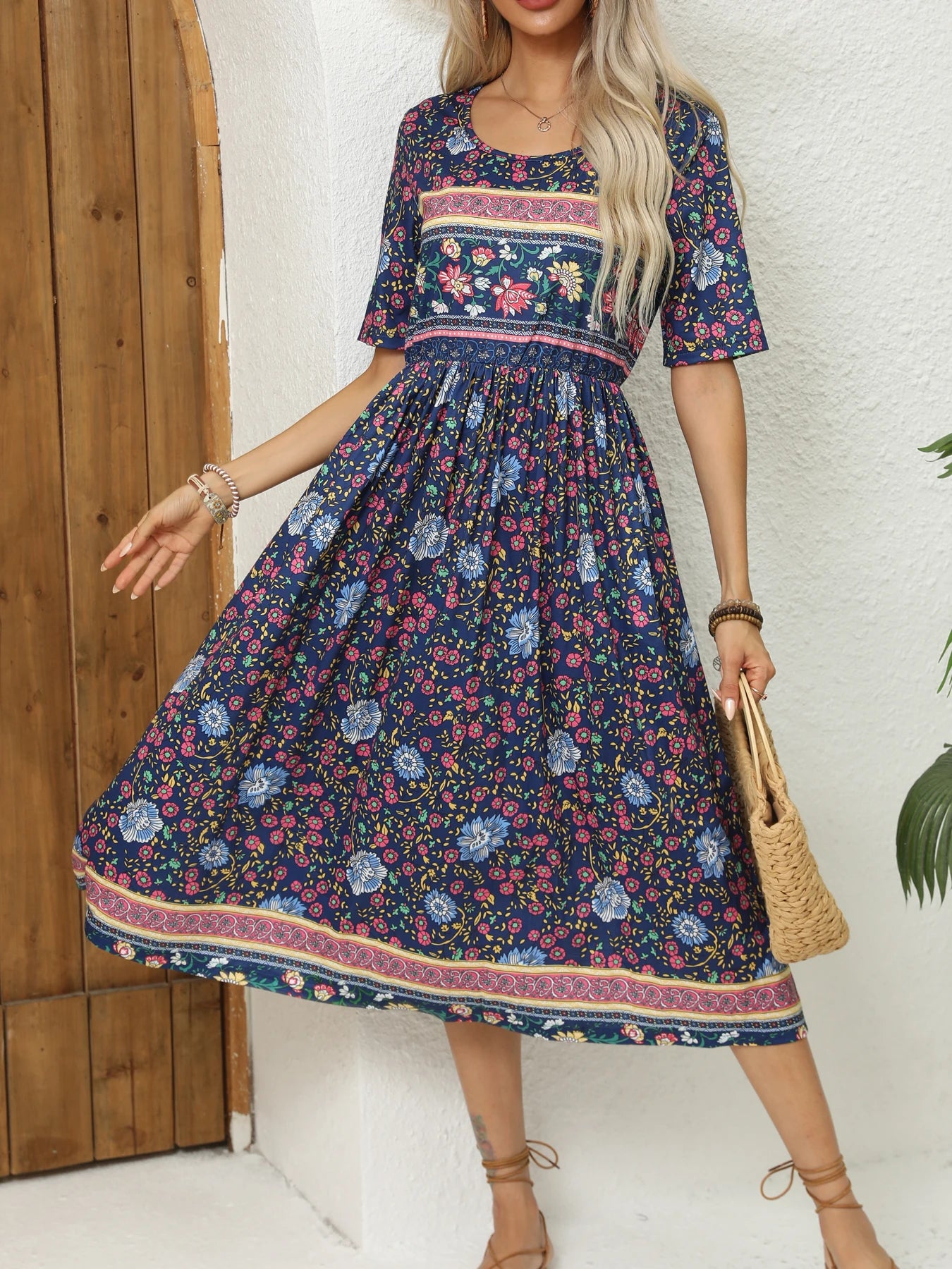 SAIDE™ | S25 DRESS - BOHEMIAN PRINT ROUND NECK MAXI DRESS