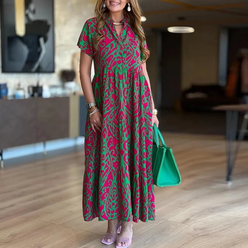 SAIDE™ | S124 DRESS - PRINTED V-NECK MAXI BEACH DRESS