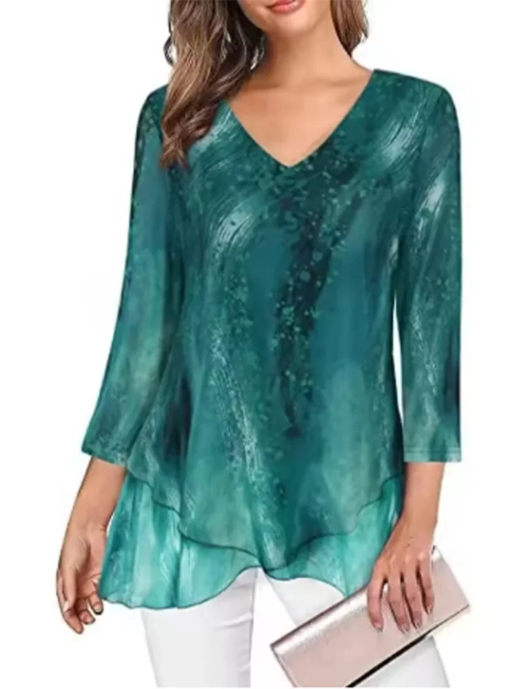 SAIDE™ | S127 TOP - PRINTED V-NECK PLEATED CASUAL TOP