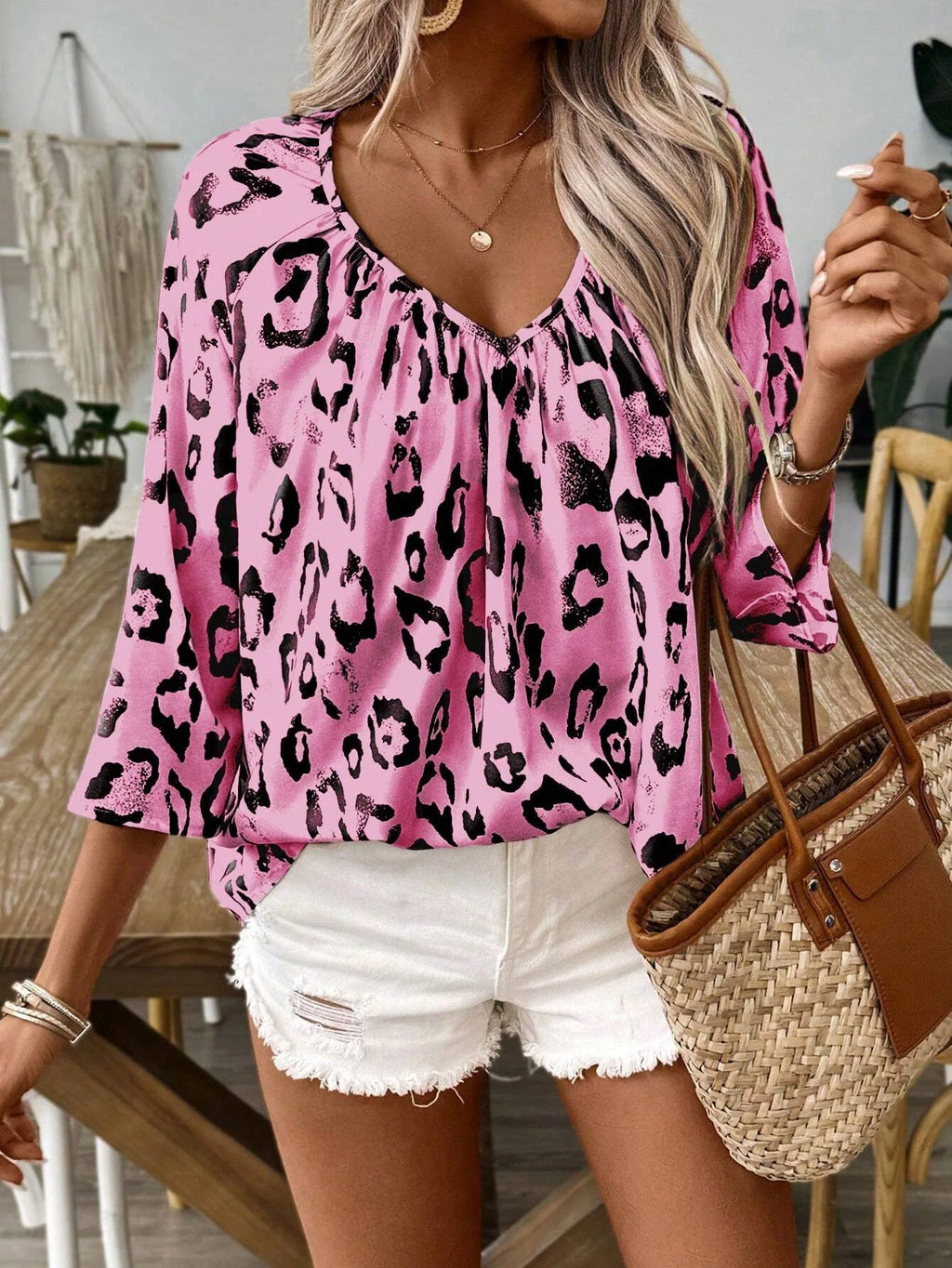 SAIDE™ | S13 SHIRT - LEOPARD PRINT V-NECK LONG SLEEVE SHIRT