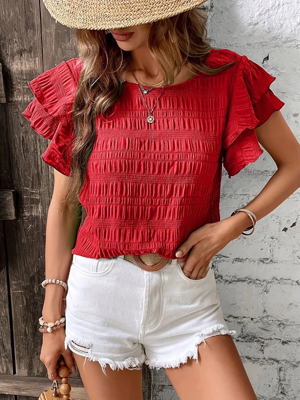 SAIDE™ | S81 BLOUSE - SUMMER ELEGANT SOLID BUTTERFLY SLEEVE O-NECK TOP