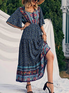 SAIDE™ | S192 DRESS - BOHO PRINT SHORT SLEEVE V-NECK MAXI DRESS