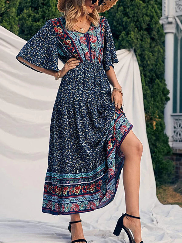 SAIDE™ | S192 DRESS - BOHO PRINT SHORT SLEEVE V-NECK MAXI DRESS