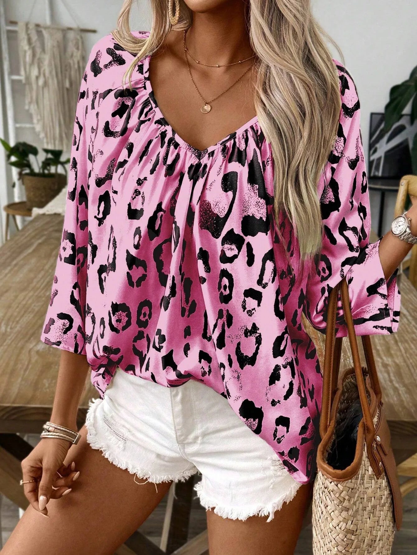 SAIDE™ | S13 SHIRT - LEOPARD PRINT V-NECK LONG SLEEVE SHIRT