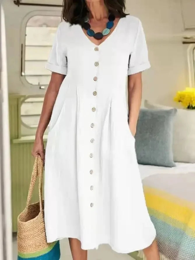 SAIDE™ | S136 DRESS - BUTTON FRONT COTTON LINEN DRESS