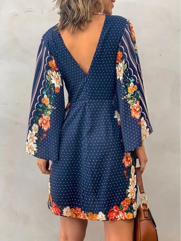SAIDE™ | S67 DRESS - DEEP V-NECK LONG SLEEVE FLORAL A-LINE DRESS