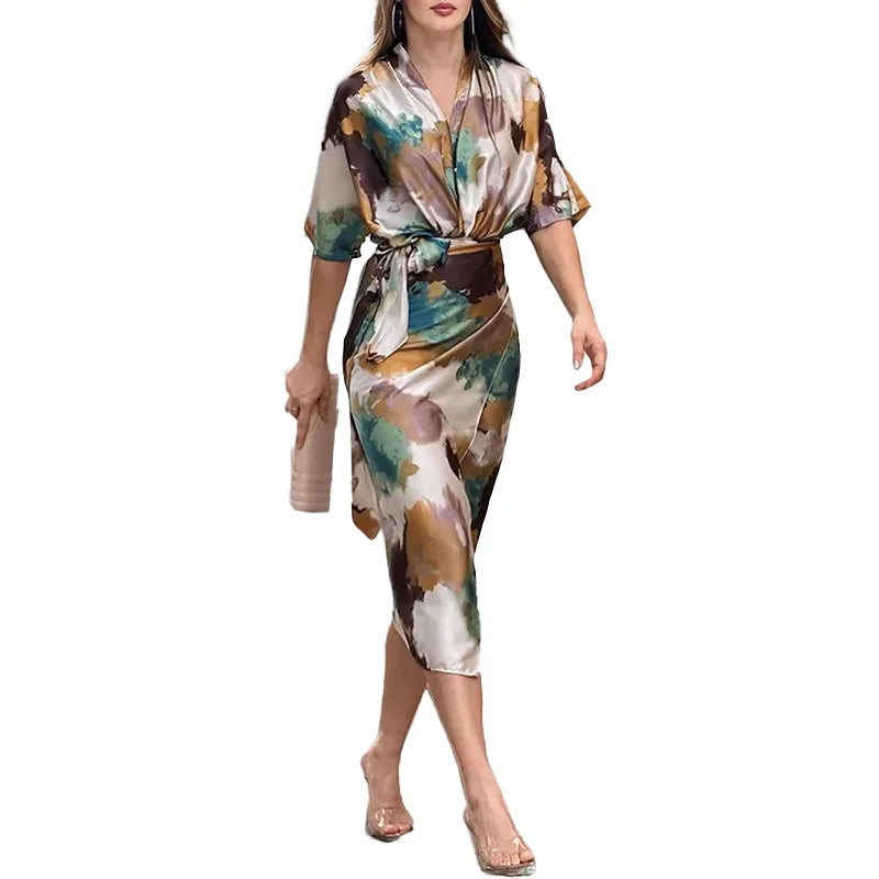 SAIDE™ | S70 DRESS - SUMMER CASUAL SOLID V-NECK SHORT SLEEVE MAXI DRESS