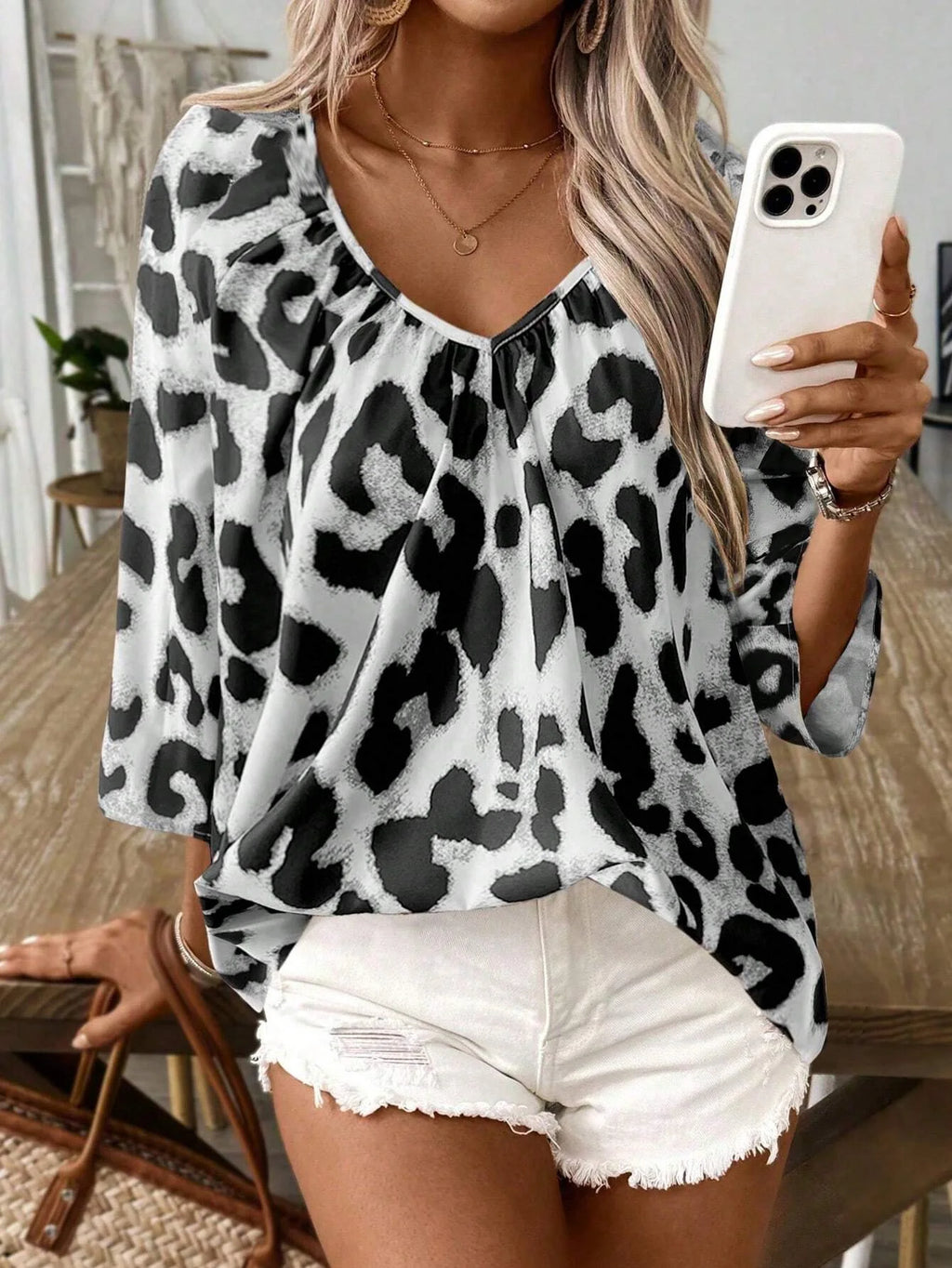 SAIDE™ | S13 SHIRT - LEOPARD PRINT V-NECK LONG SLEEVE SHIRT