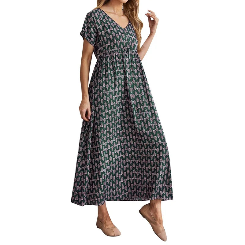 SAIDE™ | S110 DRESS - PLUS SIZE BOHEMIAN PRINTED V-NECK DRESS WITH POCKETS