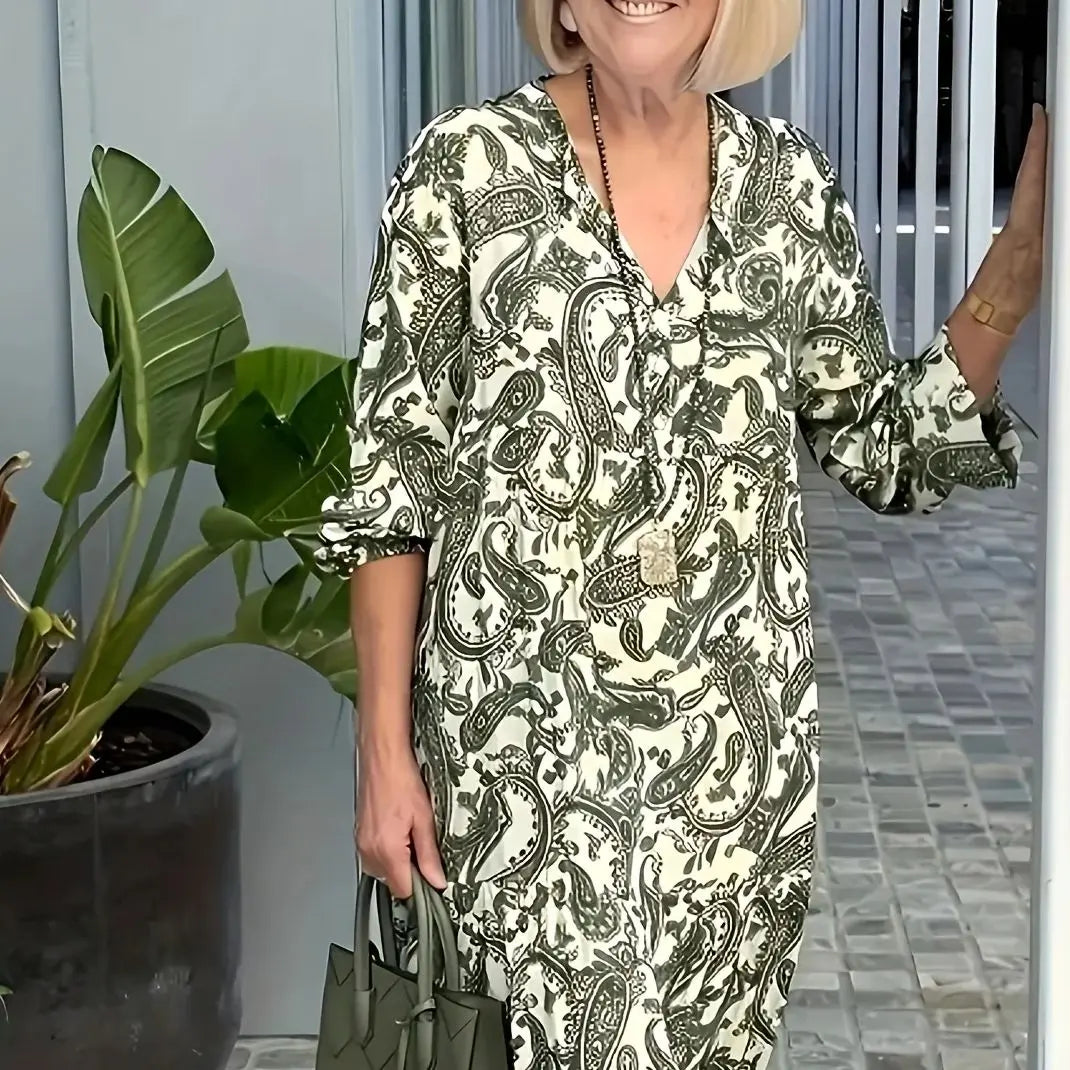 SAIDE™ | S117 DRESS - PLUS SIZE PAISLEY PRINT V-NECK MAXI DRESS