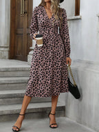 SAIDE™ | S77 DRESS - LEOPARD PRINT V-NECK BUBBLE SLEEVE FITTED DRESS