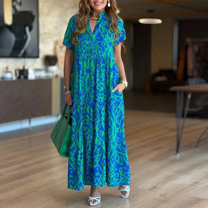 SAIDE™ | S124 DRESS - PRINTED V-NECK MAXI BEACH DRESS