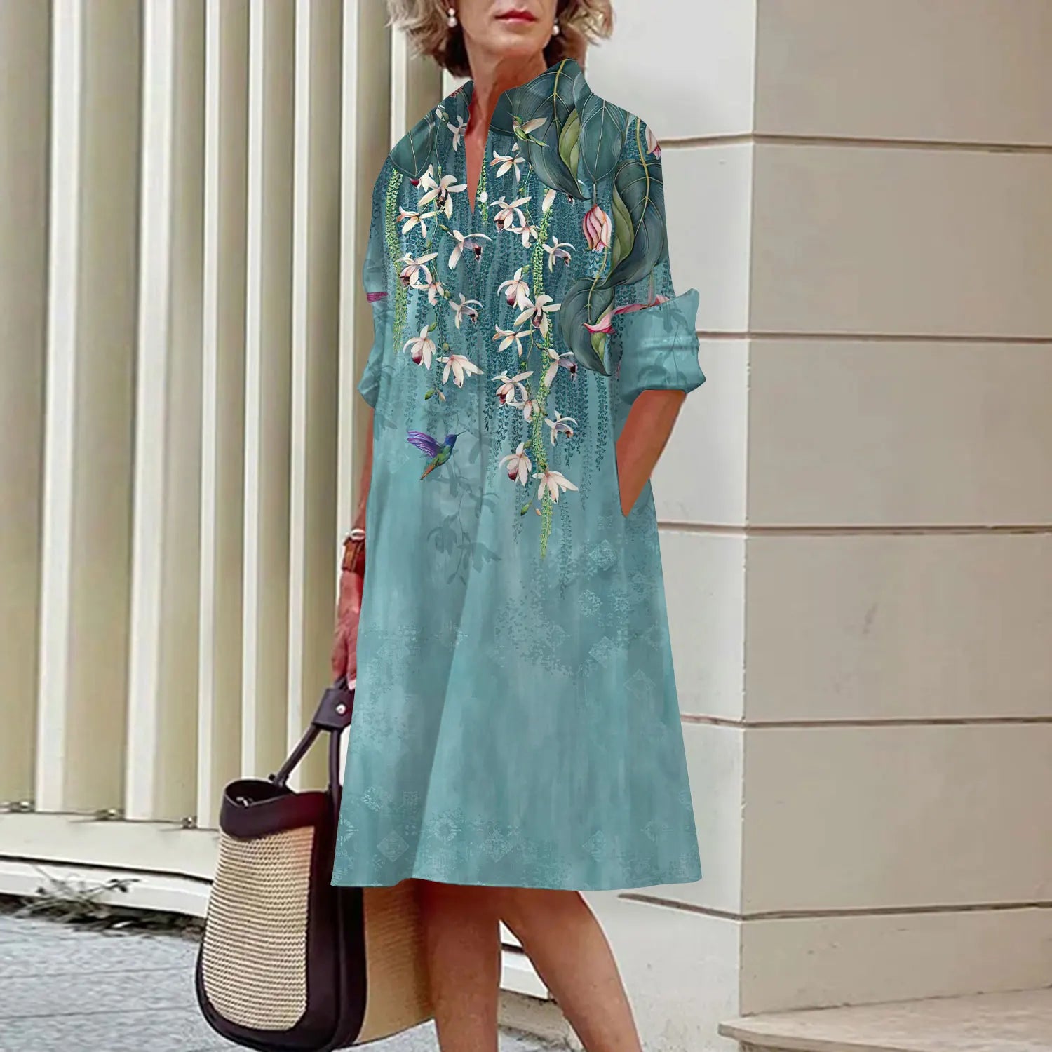 SAIDE™ | S144 DRESS - FLORAL PRINT LONG SLEEVE SHIRT DRESS