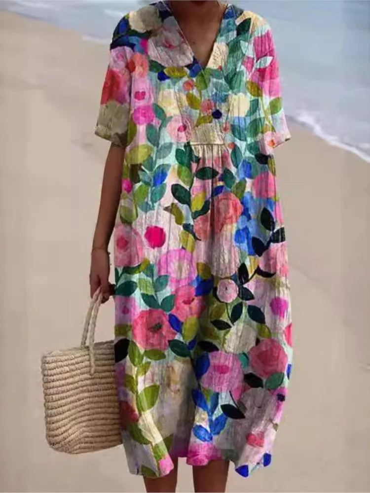 SAIDE™ | S201 DRESS - PRINT V-NECK SHORT SLEEVE LOOSE A-LINE MIDI DRESS