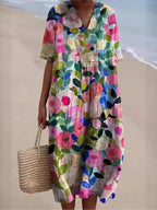 SAIDE™ | S201 DRESS - PRINT V-NECK SHORT SLEEVE LOOSE A-LINE MIDI DRESS