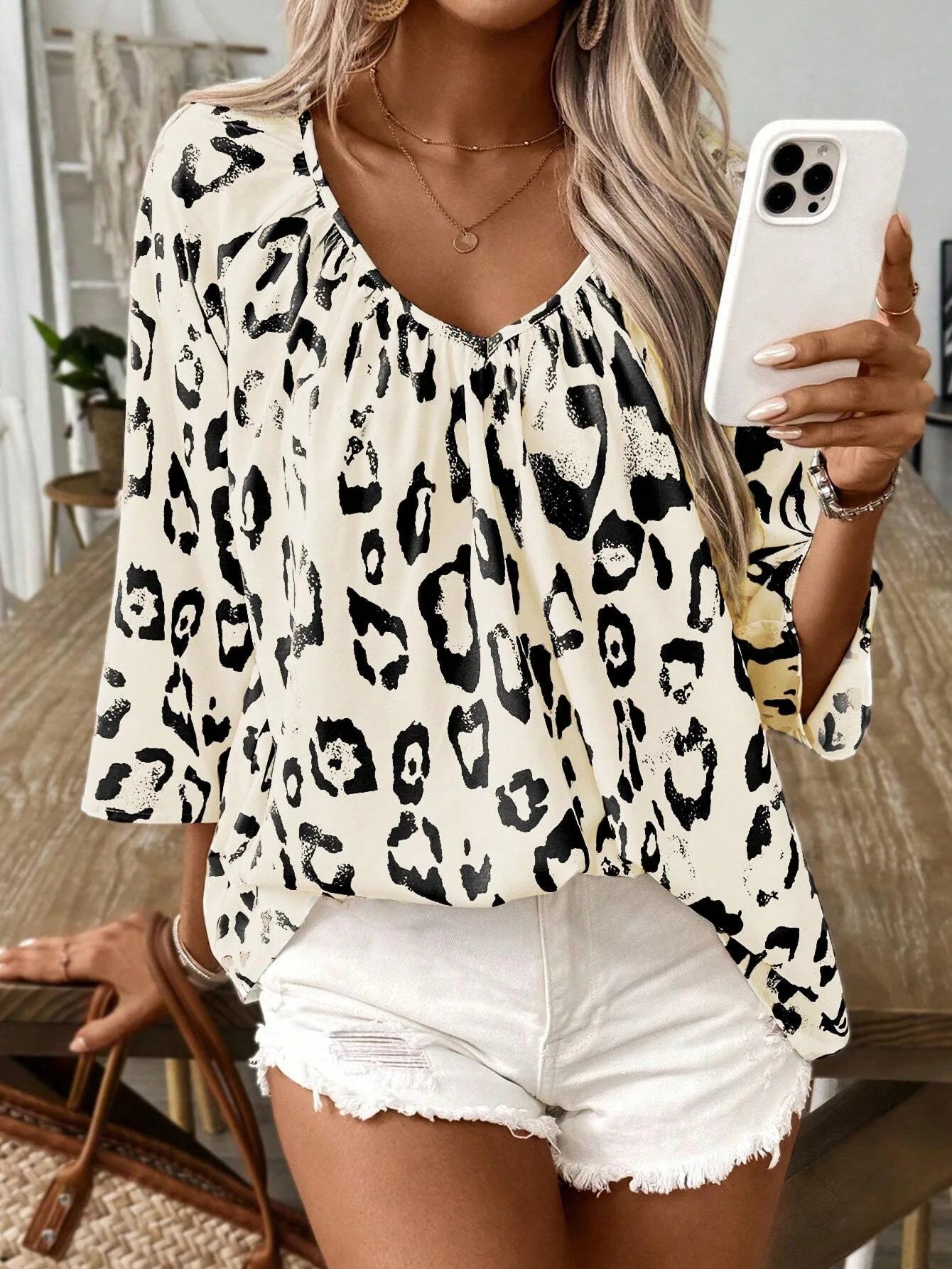 SAIDE™ | S13 SHIRT - LEOPARD PRINT V-NECK LONG SLEEVE SHIRT