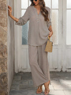 SAIDE™ | S39 TWO PIECE SET - GEOMETRIC PATTERN V-NECK SHIRT AND WIDE LEG TROUSERS SET
