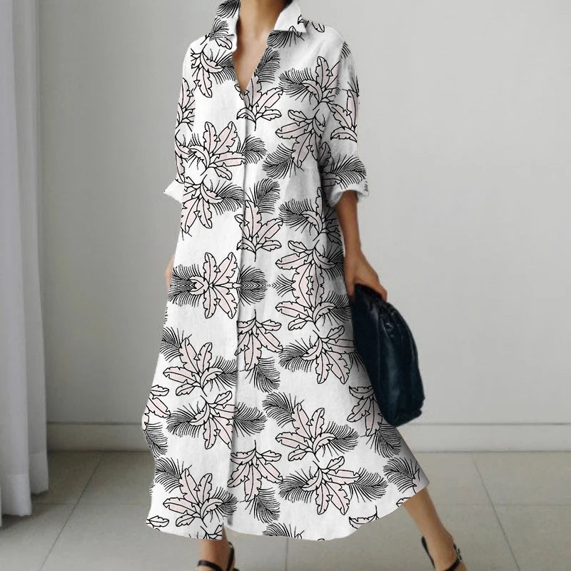 SAIDE™ | S145 DRESS - ELEGANT FLORAL PRINT LONG SLEEVE SHIRT DRESS