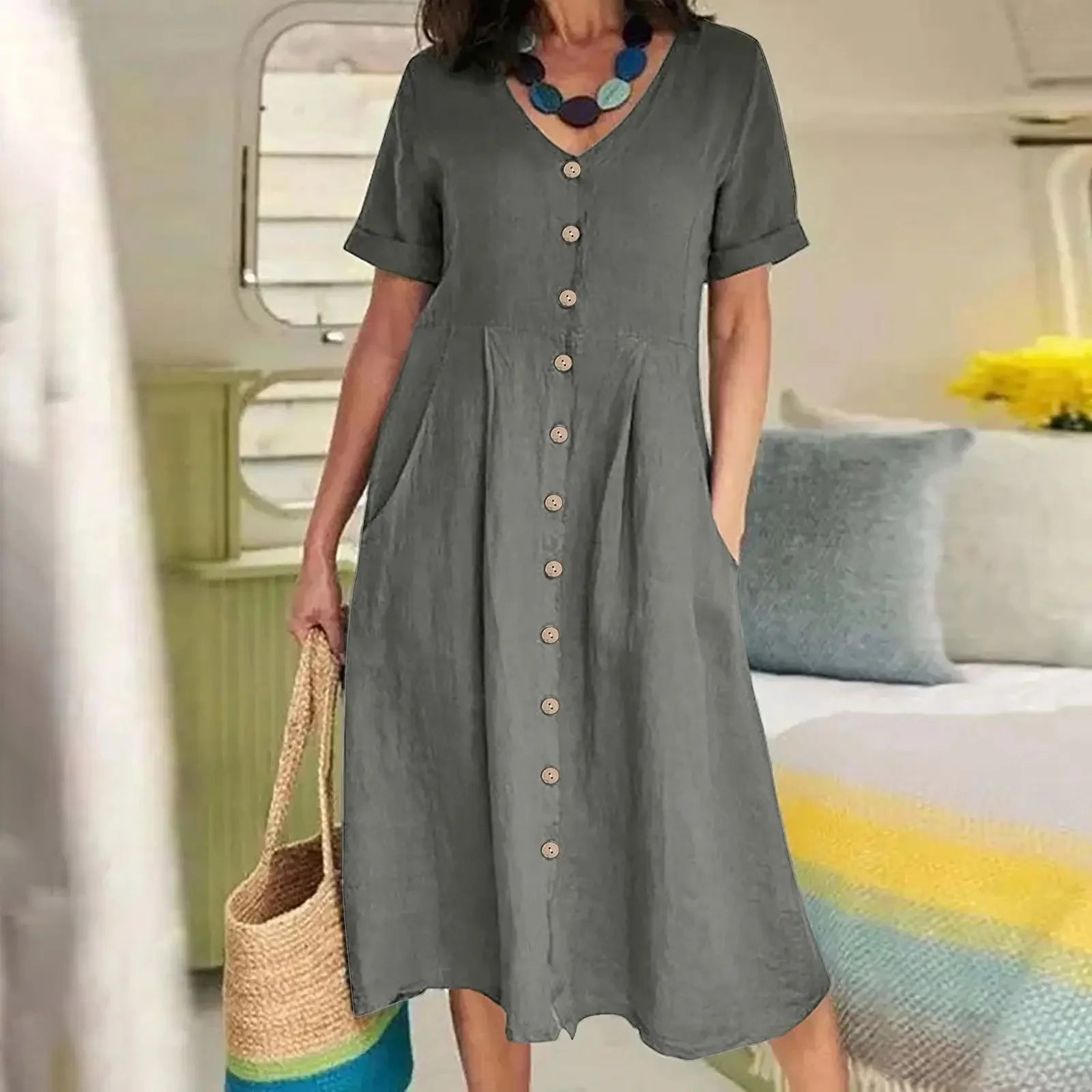 SAIDE™ | S136 DRESS - BUTTON FRONT COTTON LINEN DRESS