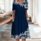 SAIDE™ | S134 DRESS - PRINTED O-NECK MID-CALF CASUAL DRESS