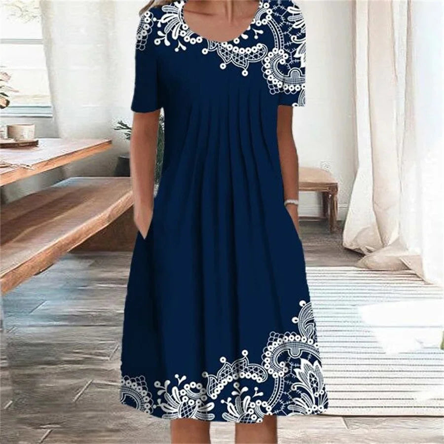 SAIDE™ | S134 DRESS - PRINTED O-NECK MID-CALF CASUAL DRESS