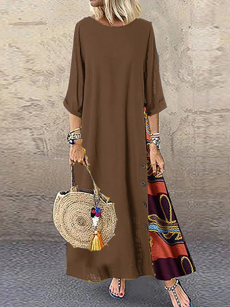 SAIDE™ | S100 DRESS - VINTAGE PRINT PATCHWORK MAXI DRESS BOHO 3/4 SLEEVE