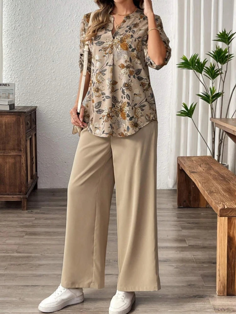 SAIDE™ | S28 TWO PIECE SET - FLORAL PRINT V-NECK TOP AND WIDE LEG PANTS SET