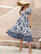 SAIDE™ | S62 DRESS - BLUE PORCELAIN PRINT V-NECK MIDI DRESS