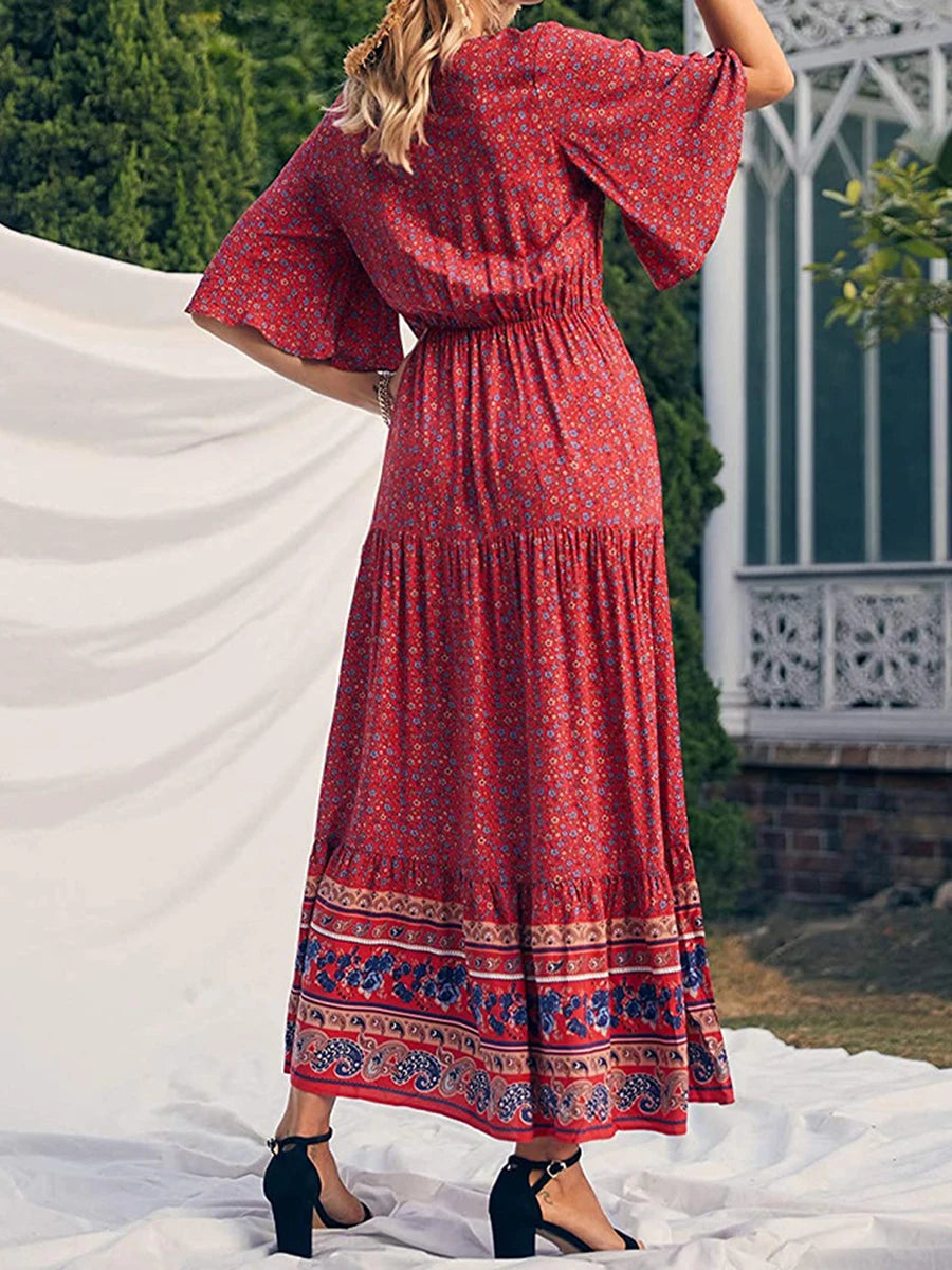 SAIDE™ | S192 DRESS - BOHO PRINT SHORT SLEEVE V-NECK MAXI DRESS