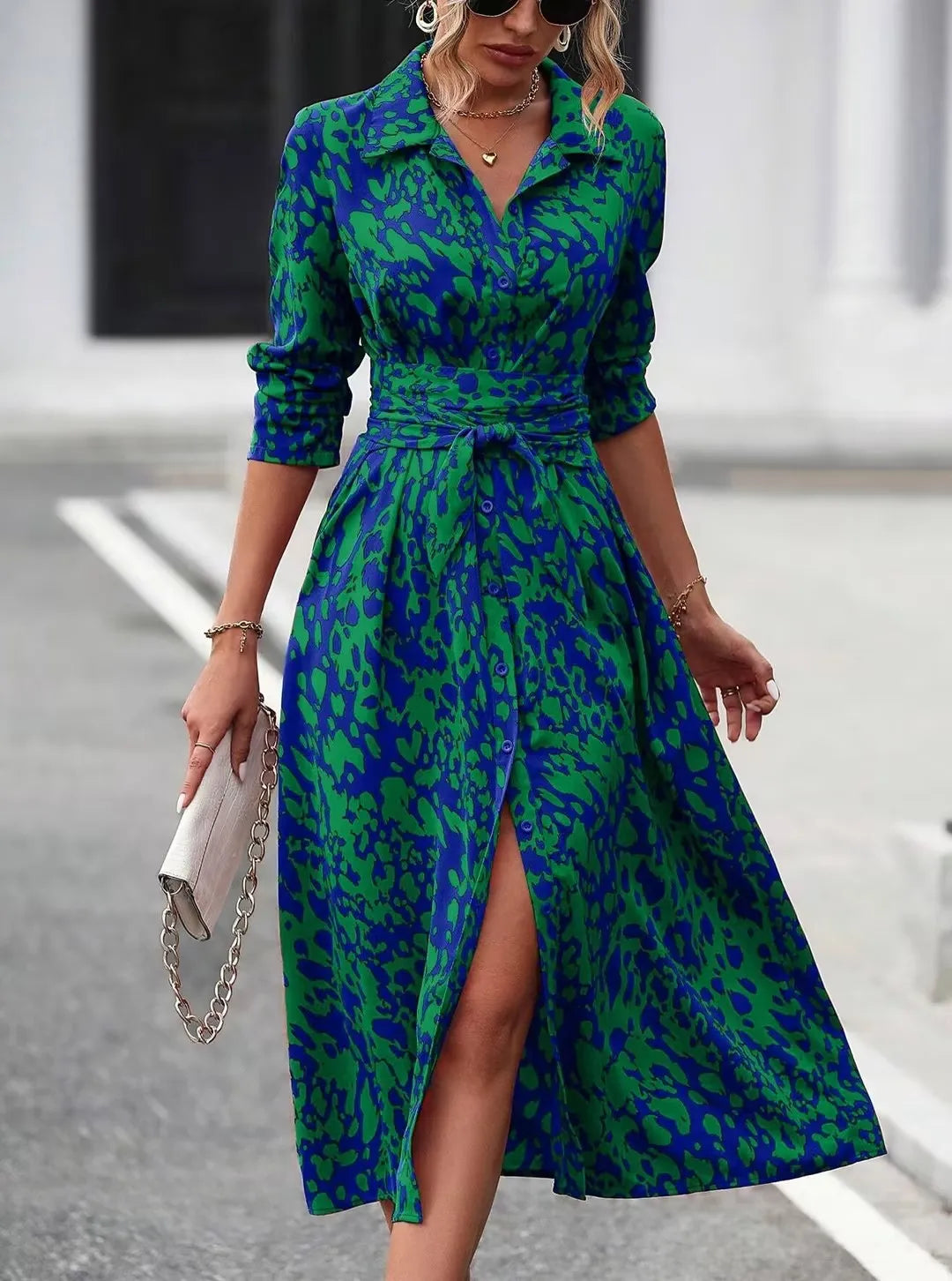 SAIDE™ | S63 DRESS - ELEGANT RANDOM PRINT BUTTON DOWN SHIRT MIDI DRESS