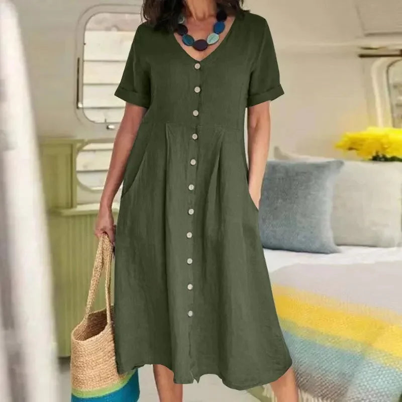SAIDE™ | S136 DRESS - BUTTON FRONT COTTON LINEN DRESS