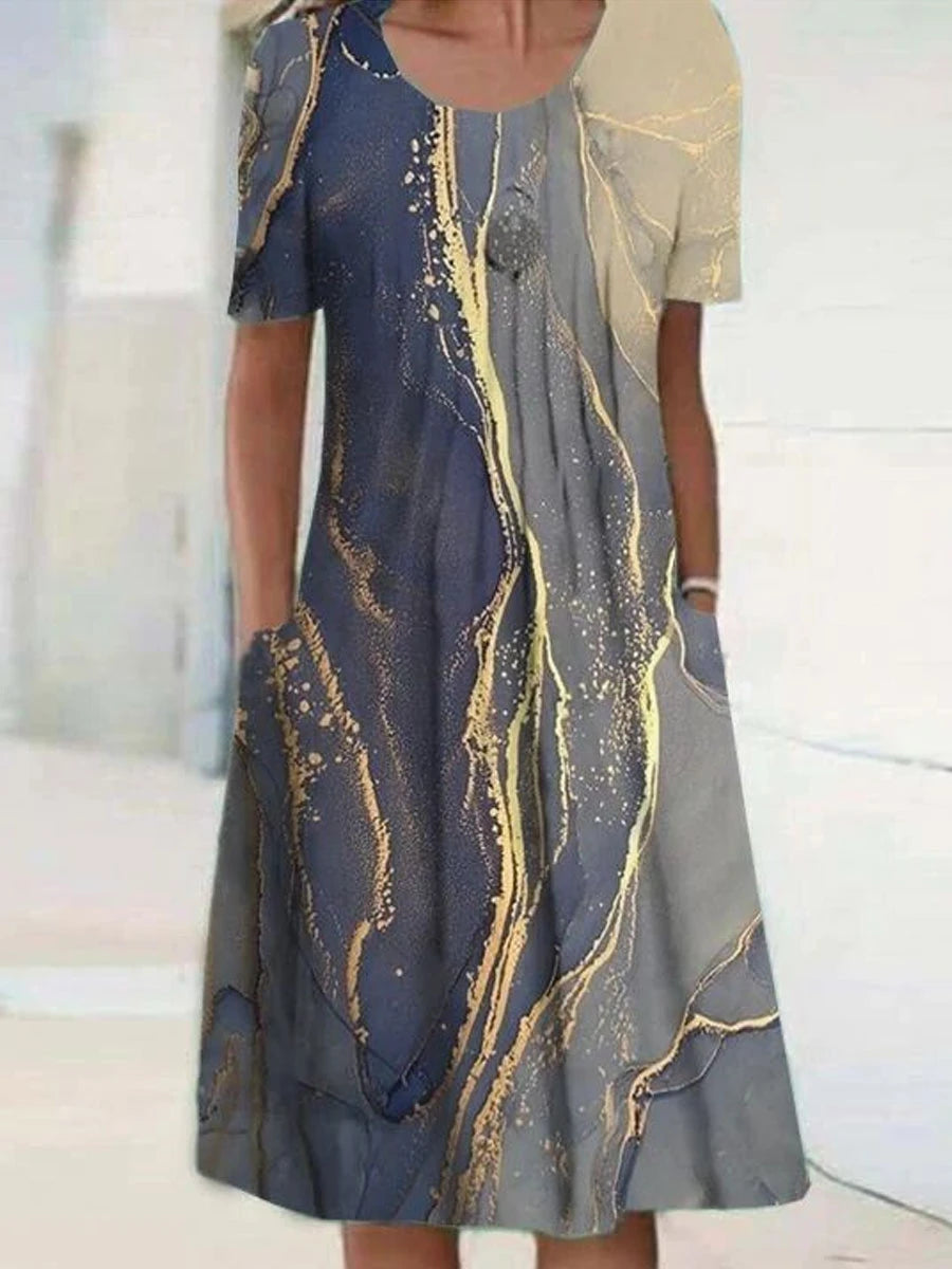 SAIDE™ | S134 DRESS - PRINTED O-NECK MID-CALF CASUAL DRESS