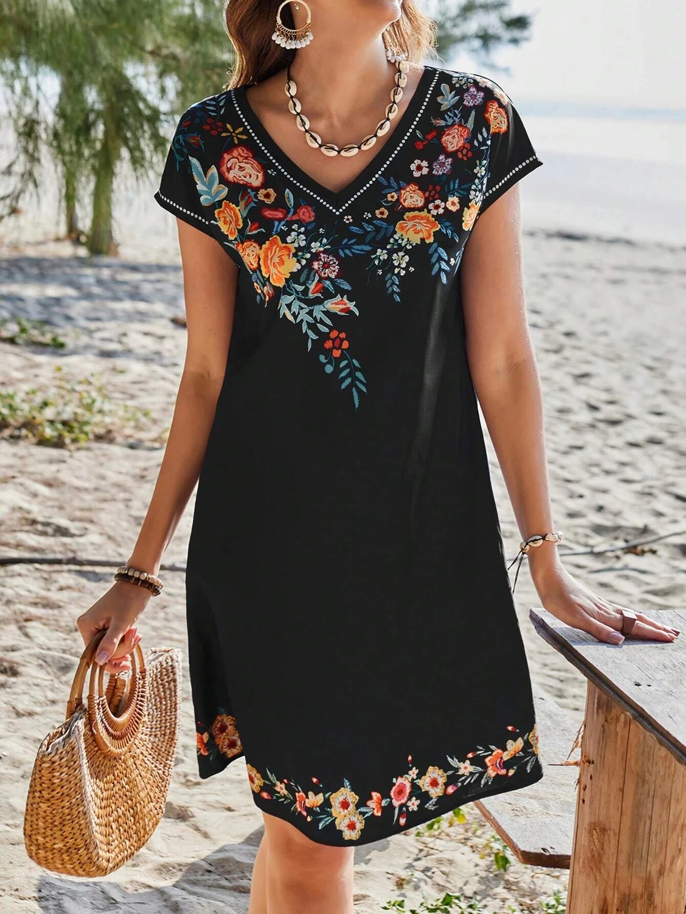 SAIDE™ | S98 DRESS - SUMMER VACATION V-NECK FLORAL PRINT SHORT SLEEVE CASUAL DRESS