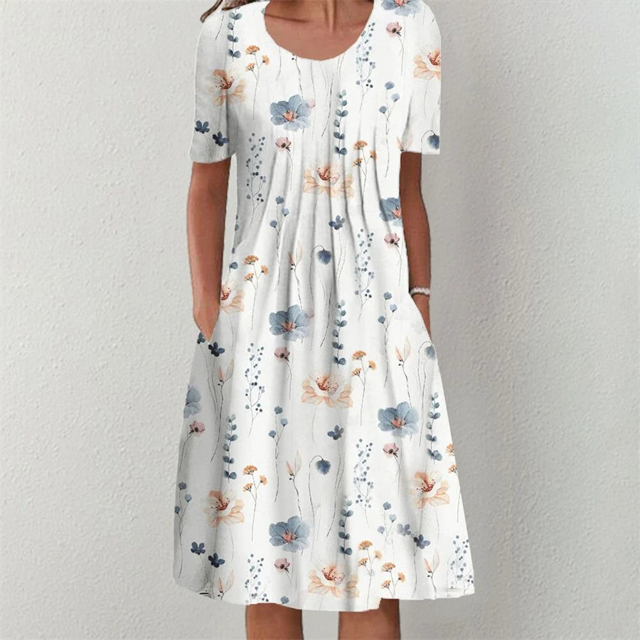 SAIDE™ | S134 DRESS - PRINTED O-NECK MID-CALF CASUAL DRESS