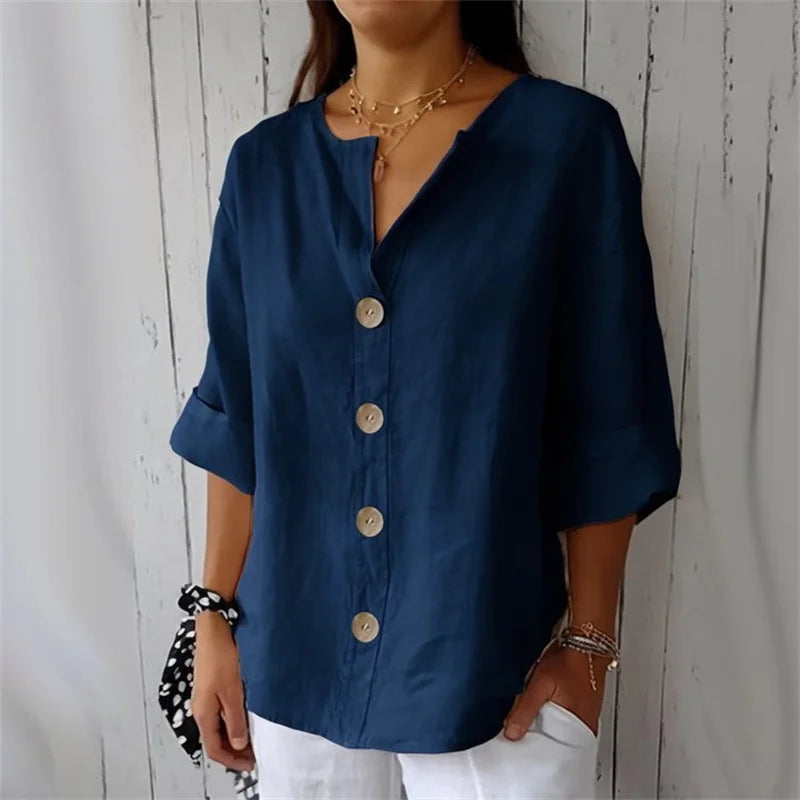 SAIDE™ | S114 SHIRT - V-NECK COTTON LINEN BUTTON TOP